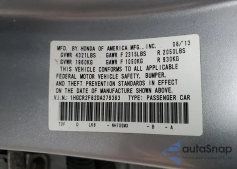 2013 Honda Accord Lx из США, поврежденный, VIN 1HGCP2F38CA152744